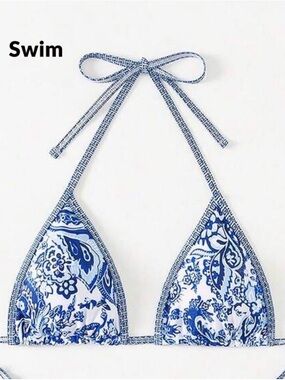 Women’s Blue & White Paisley Triangle Swim Top